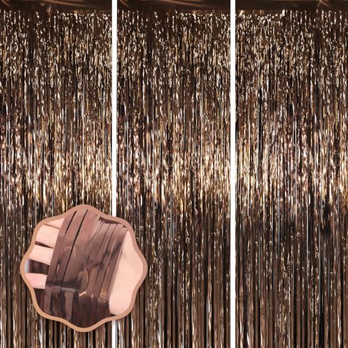 Brown Foil Fringe Backdrop Curtains, 3.3x8.2ft, 3 Pack in 3.3x8.2ft