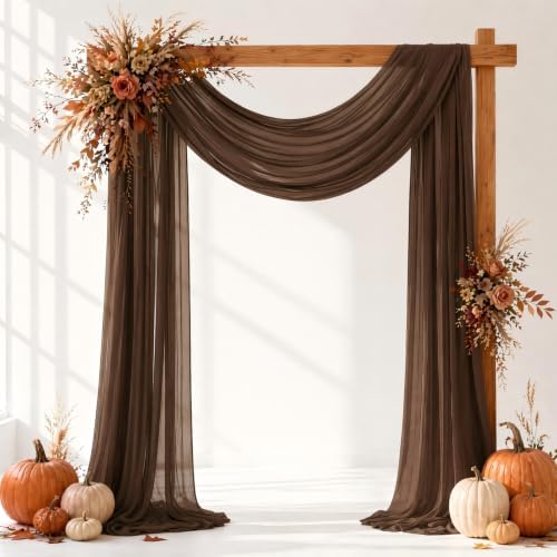 Brown Wedding Arch Draping Fabric Sheer Curtain Drapes 4 Panels | 20ft Extra Long Shimmery Tan Backdrop Curtains