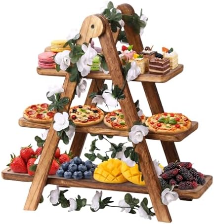 Brown Wood 3 Tier Foldable Serving Tray for Cupcake Dessert Stand, Rectangular Farmhouse Stand Charcuterie Board