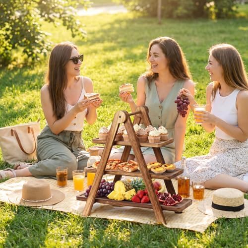 Brown Wood 3 Tier Foldable Serving Tray for Cupcake Dessert Stand, Rectangular Farmhouse Stand Charcuterie Board, alternate