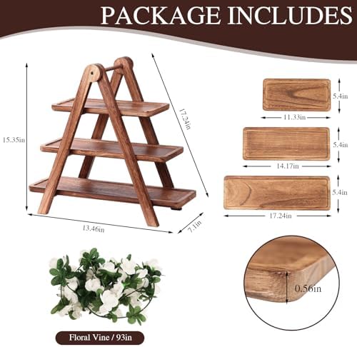 Brown Wood 3 Tier Foldable Serving Tray for Cupcake Dessert Stand, Rectangular Farmhouse Stand Charcuterie Board, alternate