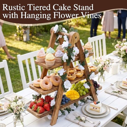 Brown Wood 3 Tier Foldable Serving Tray for Cupcake Dessert Stand, Rectangular Farmhouse Stand Charcuterie Board, alternate