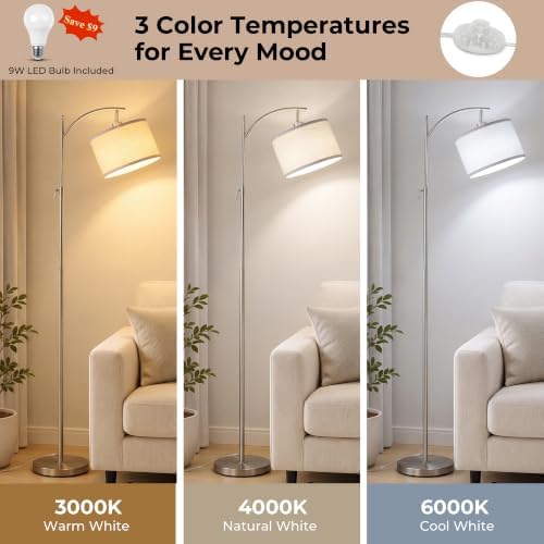 Brushed Nickel Arc Floor Lamp Adjustable Height 55-63in 3 Color 9W LED Bulb, alternate view 5