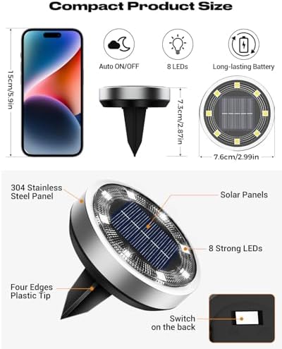 btfarm 4 Pack Solar Lights Outdoor Waterproof, 8 LED Solar Ground Lights, alternate view 6