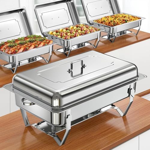 Buffet Chafing Dishes 4 Pack, 9QT Stainless Steel Chafer Buffet Servers and Warmers Set with Mirror Finish &