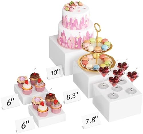 Buffet Risers, 5 Pcs Plastic Dessert Table Display Set, Black in 6" x 7" x 7.8'' in White