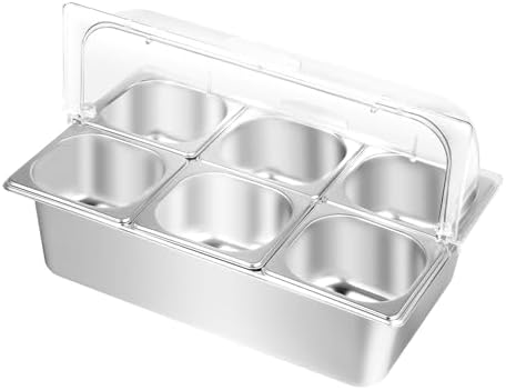 Buffet Serving Tray with 6 Pans, Stainless Steel Cold/Hot Food Display Tray with Lid, for Catering Party Sushi