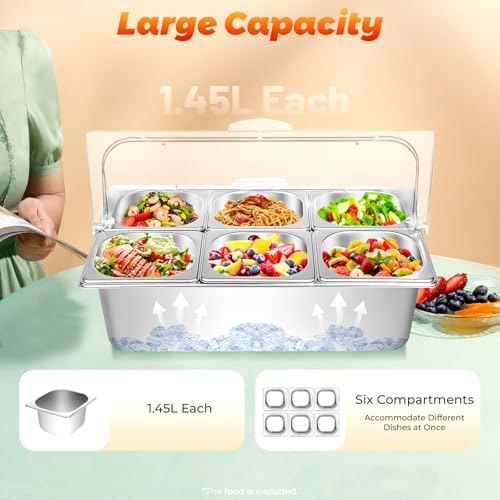 Buffet Serving Tray with 6 Pans, Stainless Steel Cold/Hot Food Display Tray with Lid, for Catering Party Sushi, alternate