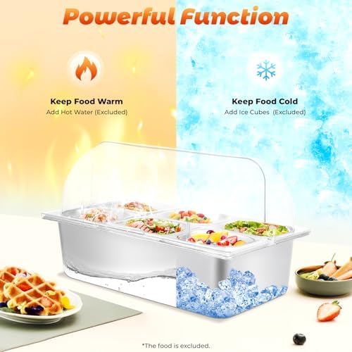 Buffet Serving Tray with 6 Pans, Stainless Steel Cold/Hot Food Display Tray with Lid, for Catering Party Sushi, alternate
