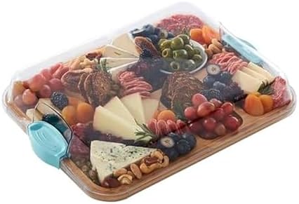 Build-A-Board Bamboo Cutting Board with Built-in Compartments and Clear Locking Lid with Blue Handles, Perfect