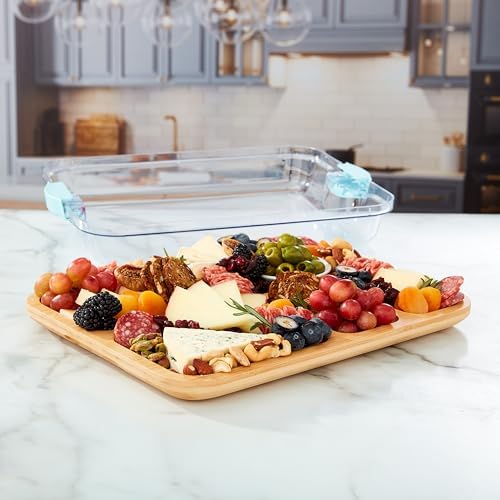 Build-A-Board Bamboo Cutting Board with Built-in Compartments and Clear Locking Lid with Blue Handles, Perfect, alternate