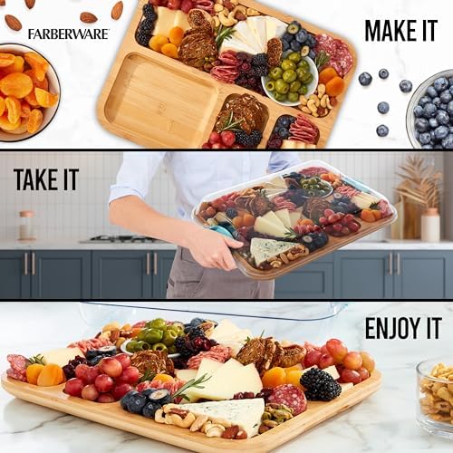 Build-A-Board Bamboo Cutting Board with Built-in Compartments and Clear Locking Lid with Blue Handles, Perfect, alternate