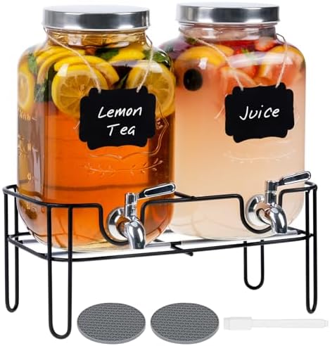 Bululuo 2 Pack 1 Gallon Glass Drink Dispensers with Stand & Spout