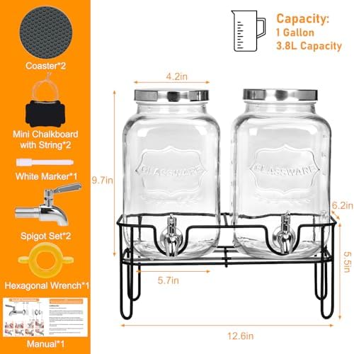 Bululuo 2 Pack 2 Gallon Glass Drink Dispensers with Stand & Spout, alternate view 3