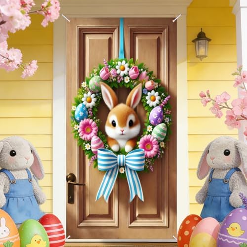 Bunny Wreath Easter Door Banner 35x71 Inches Polyester in 35x71 Inches