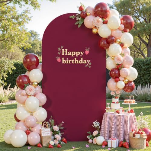 Burgundy Arch Cover 6.6FT Spandex Fitted Wedding Arch Stand Covers Round Top Chiara Arch Covers Stretchy, alternate view 3