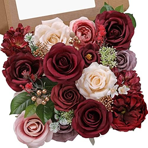 Burgundy Artificial Flowers Combo, Silk Rose Flowers for Wedding