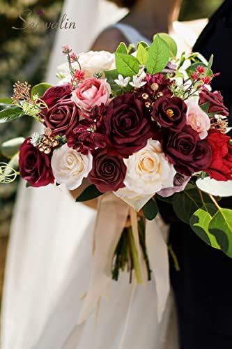 Burgundy Artificial Flowers Combo, Silk Rose Flowers for Wedding, alternate view 4
