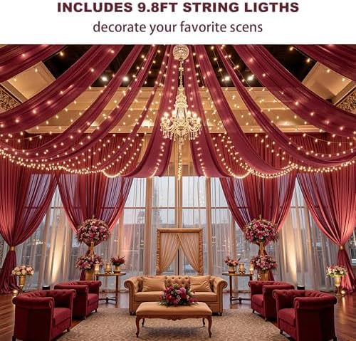 Burgundy Ceiling Drapes with Lights for Weddings, 6 Panels 5ftx10ft Sheer Tulle Curtain Drapes for Wedding, alternate view 3