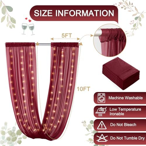 Burgundy Ceiling Drapes with Lights for Weddings, 6 Panels 5ftx10ft Sheer Tulle Curtain Drapes for Wedding, alternate view 4