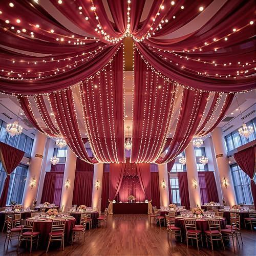 Burgundy Ceiling Drapes with Lights for Weddings, 6 Panels 5ftx10ft Sheer Tulle Curtain Drapes for Wedding, alternate view 5