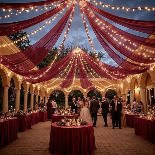 Burgundy Ceiling Drapes with Lights for Weddings, 6 Panels 5ftx10ft Sheer Tulle Curtain Drapes for Wedding, alternate view 6