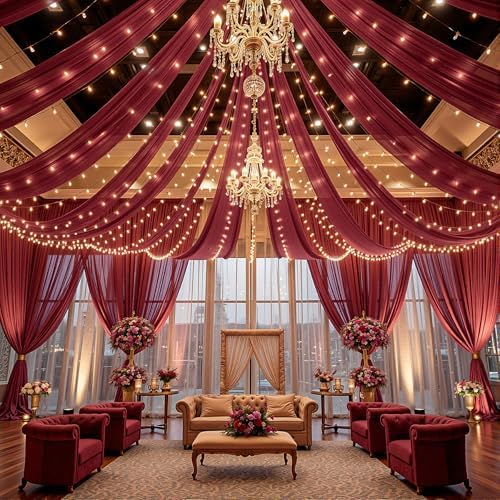 Burgundy Ceiling Drapes with Lights for Weddings, 6 Panels 5ftx10ft Sheer Tulle Curtain Drapes for Wedding, alternate view 7