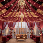 Burgundy Ceiling Drapes with Lights for Weddings, 6 Panels 5ftx10ft Sheer Tulle Curtain Drapes for Wedding, alternate view 7