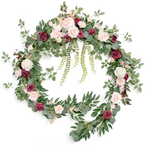 Burgundy Eucalyptus Flower Garland Wedding Arch 9 FT in 9FT in Red-marsala