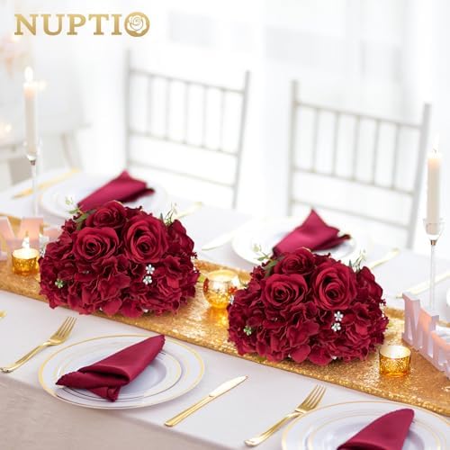 Burgundy Flower Centerpieces for Tables: 2 Pcs Artificial Rose Ball in Burgundy, alternate view 2