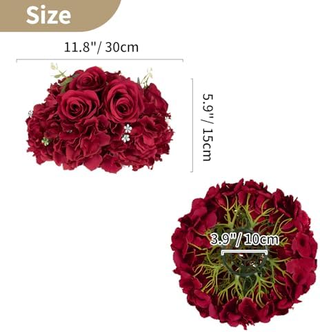 Burgundy Flower Centerpieces for Tables: 2 Pcs Artificial Rose Ball in Burgundy, alternate view 3