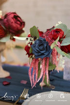 Burgundy Flowers Artificial, Navy Blue Fake and Red Flowers and Greenery Combo for DIY Wedding Bridal Bouquet, alternate view