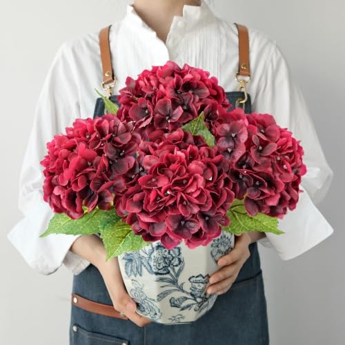 Burgundy Red Halloween Christmas Faux Hydrangea Flowers,4Pcs 21" Real Touch Artificial Hydrangeas, Vintage Faux