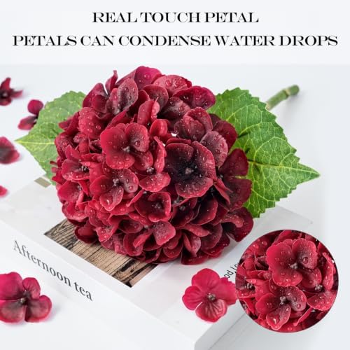 Burgundy Red Halloween Christmas Faux Hydrangea Flowers,4Pcs 21" Real Touch Artificial Hydrangeas, Vintage Faux, alternate