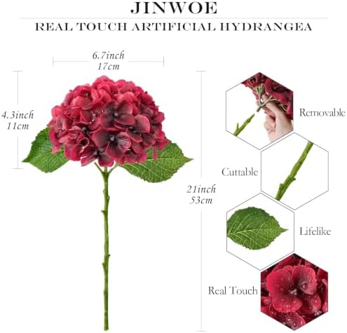 Burgundy Red Halloween Christmas Faux Hydrangea Flowers,4Pcs 21" Real Touch Artificial Hydrangeas, Vintage Faux, alternate