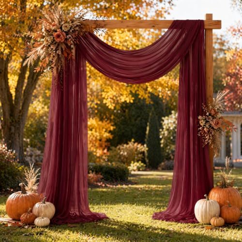 Burgundy Red Wedding Arch Draping Fabric Sheer Curtain Drapes 2 Panels | 20ft Extra Long Shimmery Backdrop, alternate view 4