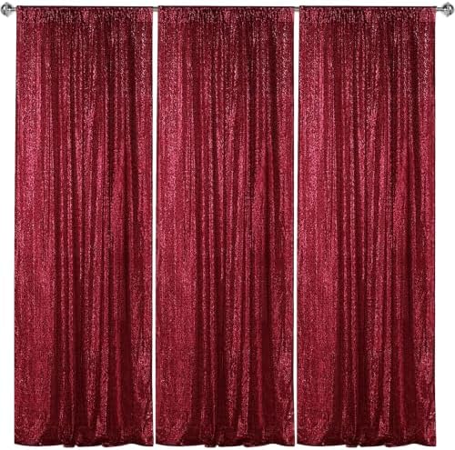 Burgundy Sequin Backdrop Curtain 3 Panels 2FTx8FT Glitter Burgundy Background Drapes Sparkle Photography