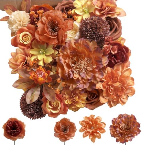 Burnt Orange Artificial Flowers Combo for Autumn Decor, Fall Fake Flowers for Wedding Bouquets, DIY Faux Flowers