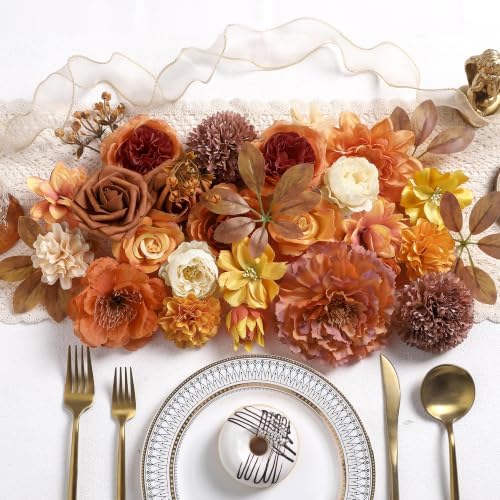 Burnt Orange Artificial Flowers Combo for Autumn Decor, Fall Fake Flowers for Wedding Bouquets, DIY Faux Flowers, alternate