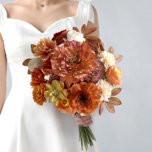 Burnt Orange Artificial Flowers Combo for Autumn Decor, Fall Fake Flowers for Wedding Bouquets, DIY Faux Flowers, alternate