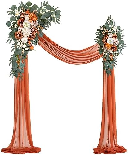 Burnt Orange Artificial Wedding Arch Flowers Kit (Pack of 3) with 26Ft Terracotta Shiny Arch Draping Fabric for