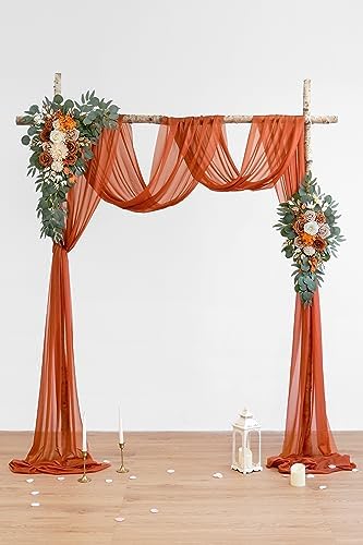 Burnt Orange Artificial Wedding Arch Flowers Kit (Pack of 3) with 26Ft Terracotta Shiny Arch Draping Fabric for, alternate