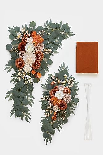 Burnt Orange Artificial Wedding Arch Flowers Kit (Pack of 3) with 26Ft Terracotta Shiny Arch Draping Fabric for, alternate