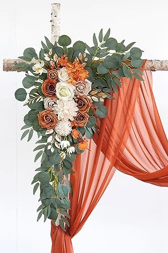 Burnt Orange Artificial Wedding Arch Flowers Kit (Pack of 3) with 26Ft Terracotta Shiny Arch Draping Fabric for, alternate