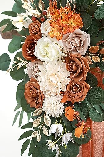 Burnt Orange Artificial Wedding Arch Flowers Kit (Pack of 3) with 26Ft Terracotta Shiny Arch Draping Fabric for, alternate