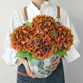 Burnt Orange Fall Artificial Flowers for Outdoors,4Pcs 21" Real Touch Faux Hydrangeas with Stems Vintage Fake