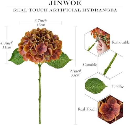 Burnt Orange Fall Artificial Flowers for Outdoors,4Pcs 21" Real Touch Faux Hydrangeas with Stems Vintage Fake, alternate view