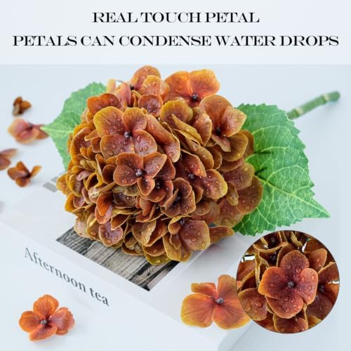 Burnt Orange Fall Artificial Flowers for Outdoors,4Pcs 21" Real Touch Faux Hydrangeas with Stems Vintage Fake, alternate view