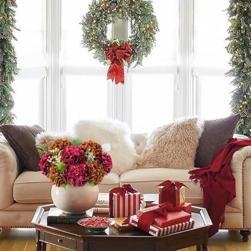 Burnt Orange Fall Artificial Flowers for Outdoors,4Pcs 21" Real Touch Faux Hydrangeas with Stems Vintage Fake, alternate view