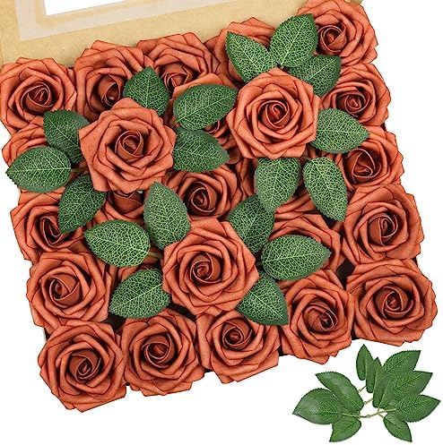 Burnt Orange Rose 25pcs Real Looking Artificial Flowers w/Stem in Burnt Orange